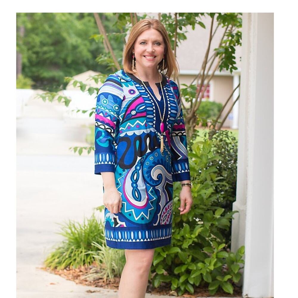 Sunny Leigh  Southern Chic Blue Tones Geometric Pattern Dress Women's Size Large